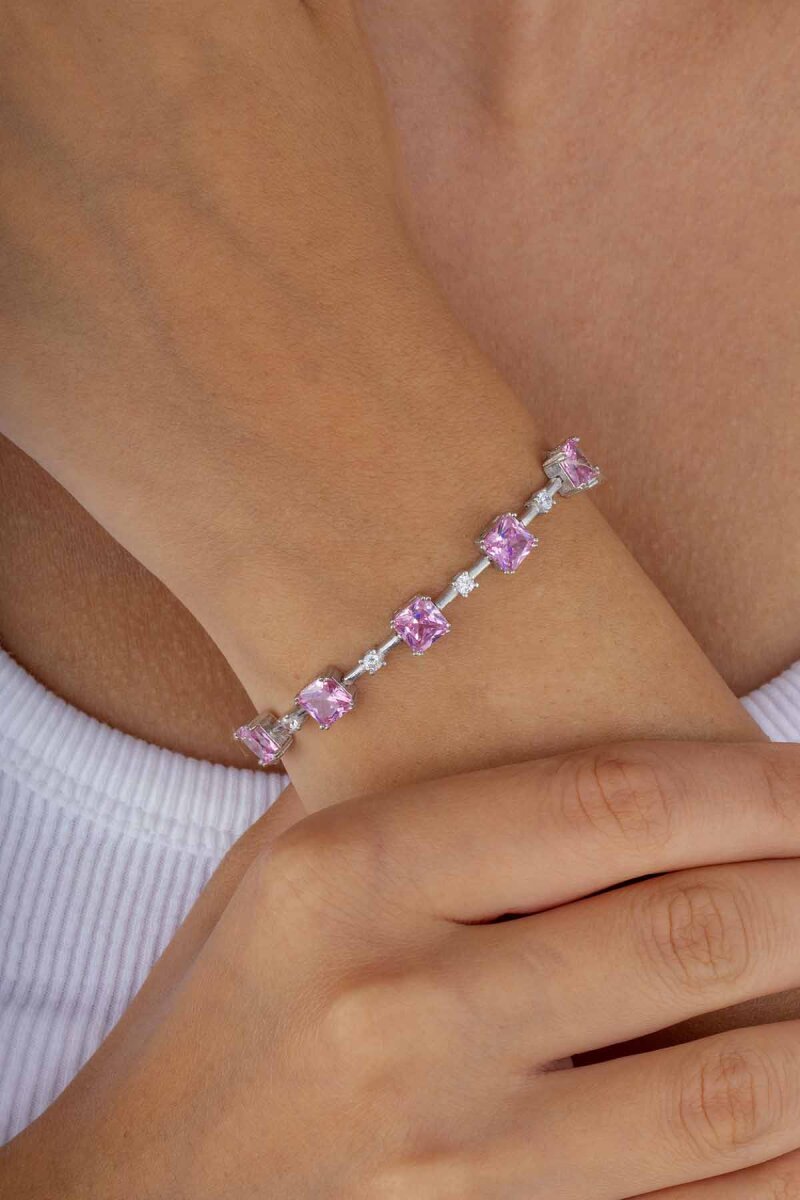 Pembe Taşlı Sıralı Su Yolu Gümüş Bileklik - 1