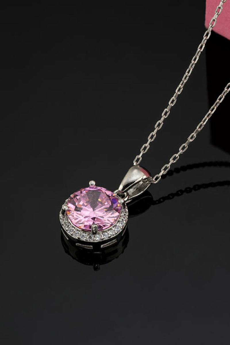 Pembe Zirkon Yuvarlak Kesim Gümüş Kolye - 1