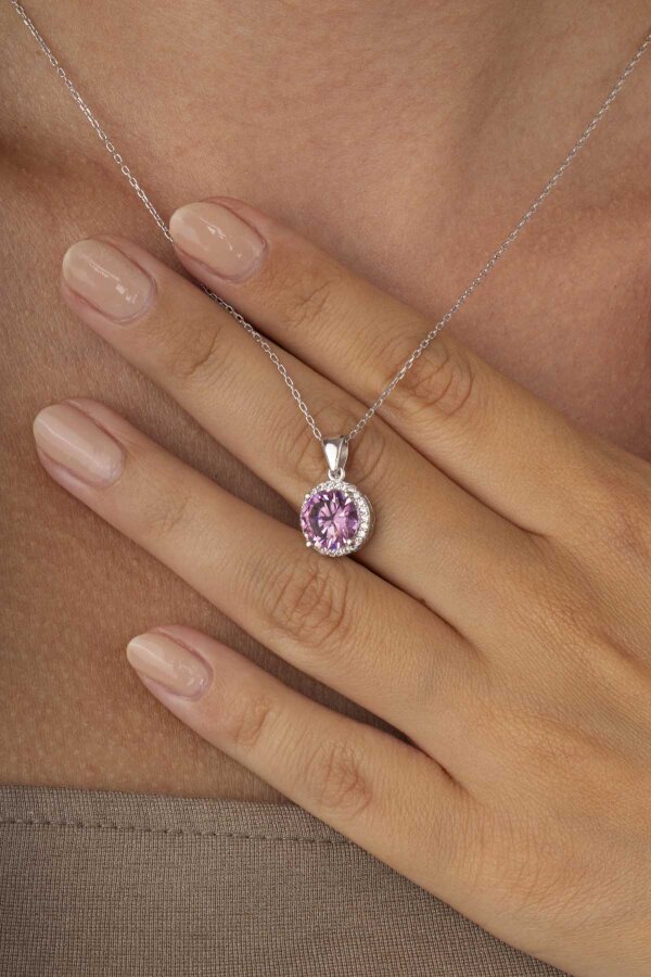 Pembe Zirkon Yuvarlak Kesim Gümüş Kolye 