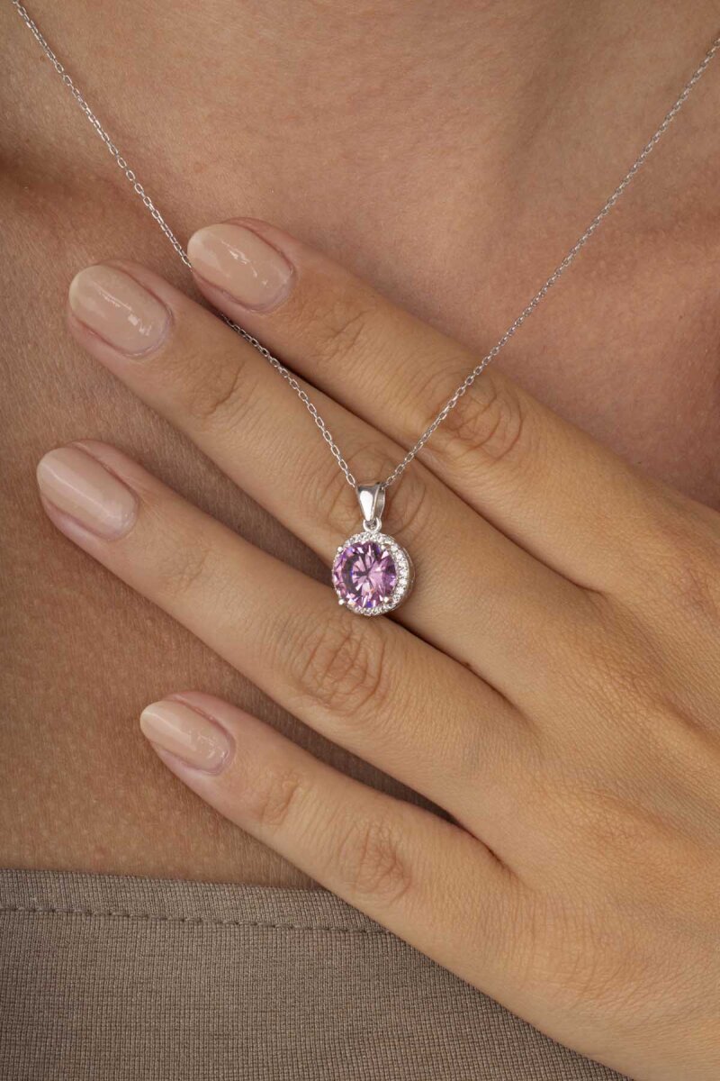Pembe Zirkon Yuvarlak Kesim Gümüş Kolye - 1