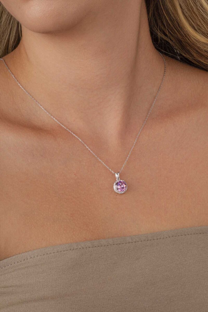 Pembe Zirkon Yuvarlak Kesim Gümüş Kolye - 2
