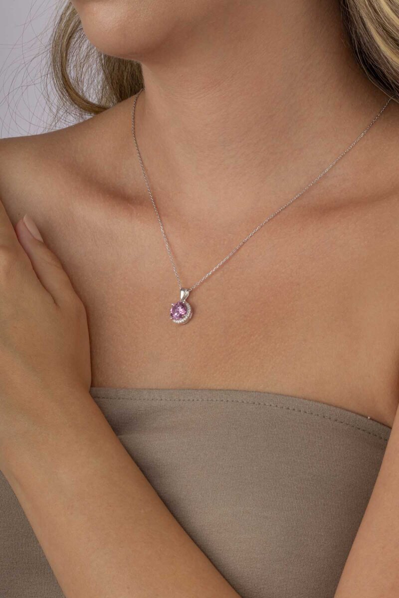 Pembe Zirkon Yuvarlak Kesim Gümüş Kolye - 3