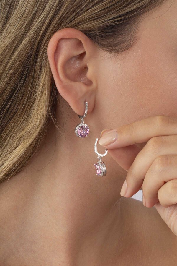 Pembe Zirkon Yuvarlak Kesim Gümüş Küpe - Gümüş Pazarım