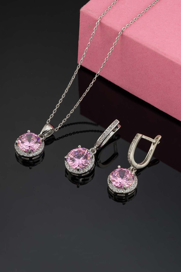 Pembe Zirkon Yuvarlak Kesim Gümüş Set - Gümüş Pazarım