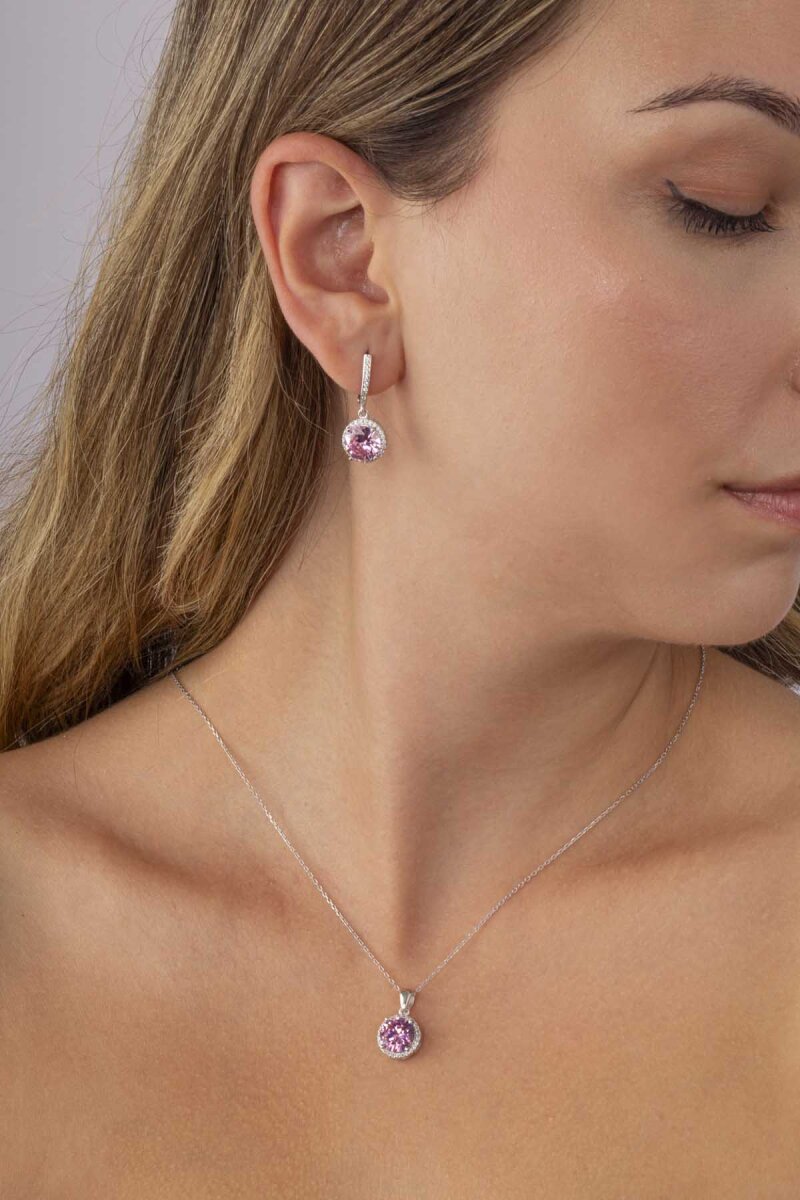 Pembe Zirkon Yuvarlak Kesim Gümüş Set - 3