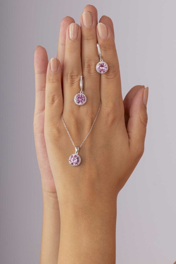 Pembe Zirkon Yuvarlak Kesim Gümüş Set - Gümüş Pazarım
