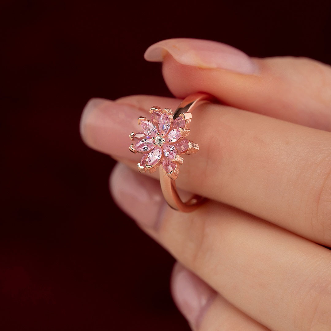 Gümüş Pazarım - Pink Color Lotus Flower Silver Ring