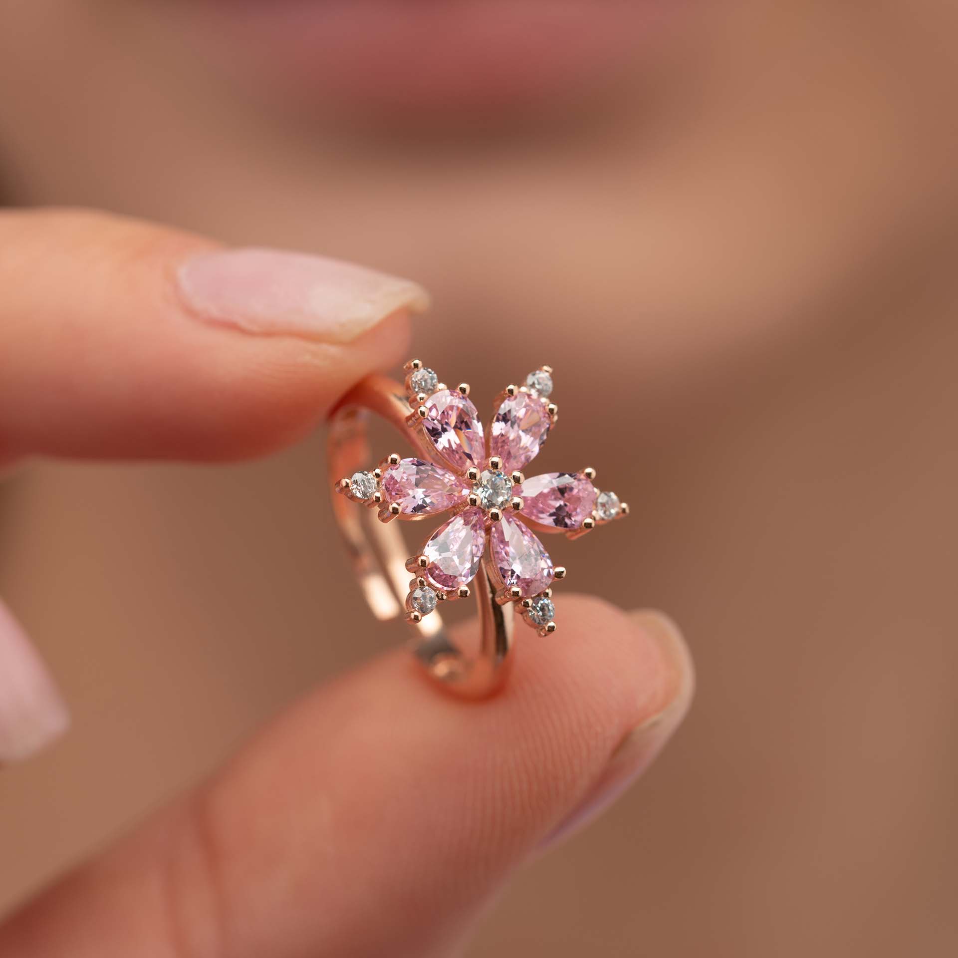 Gümüş Pazarım - Pink Stone Aster Flower Silver Ring