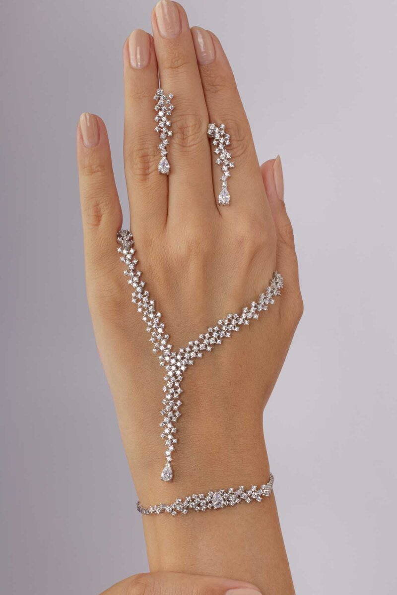 Pırlanta Montür 4 Tırnaklı Su Yolu 925 Ayar Gümüş Dügün Set - 3