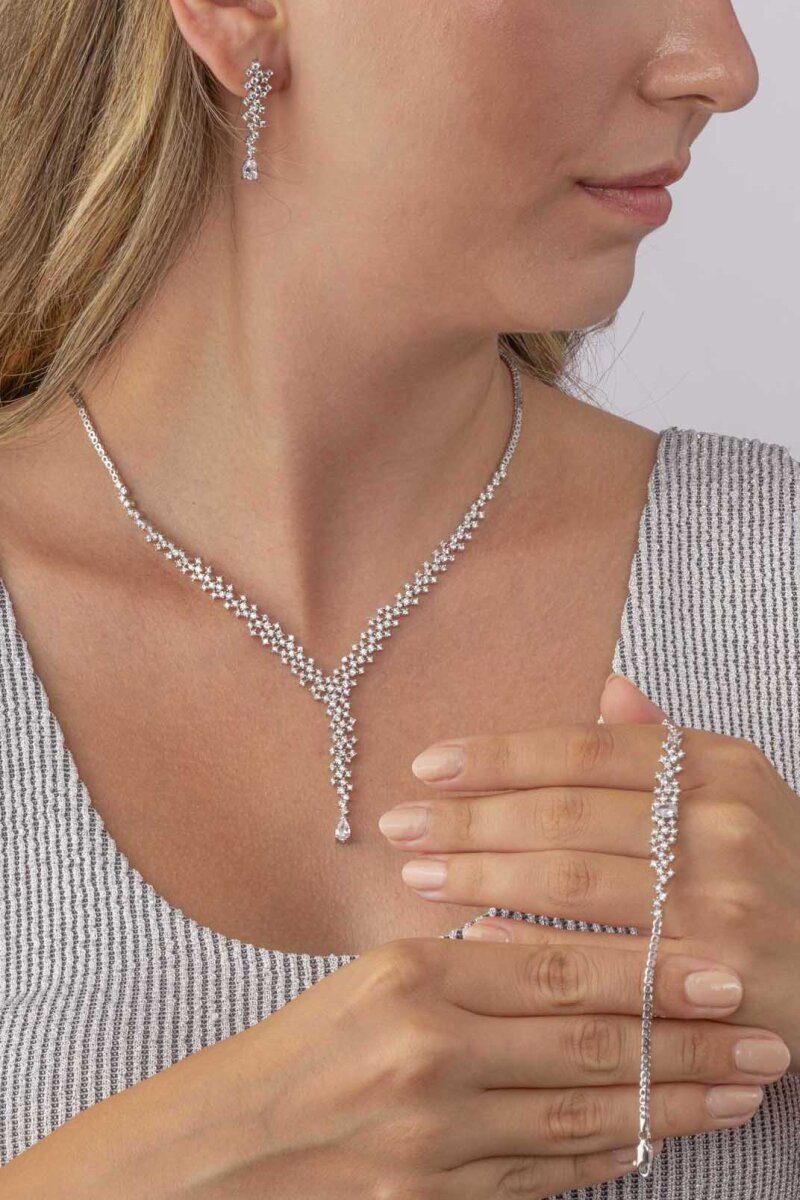 Pırlanta Montür 4 Tırnaklı Su Yolu 925 Ayar Gümüş Dügün Set - 2