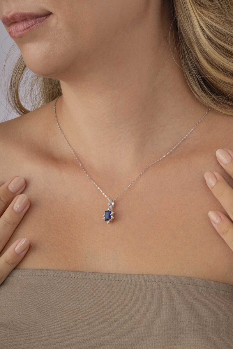 Pırlanta Montür Prenses Tektaş Gümüş Kolye Safir - 3