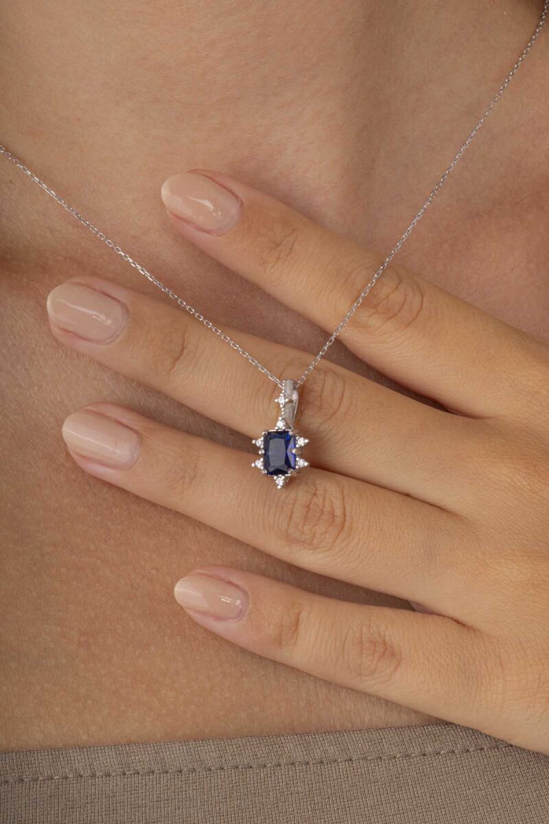 Pırlanta Montür Prenses Tektaş Gümüş Kolye Safir - 2