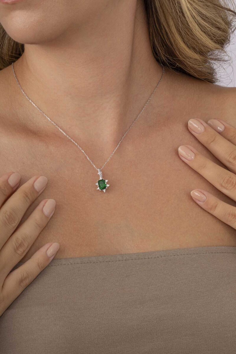 Pırlanta Montür Prenses Tektaş Gümüş Kolye Zümrüt - 2