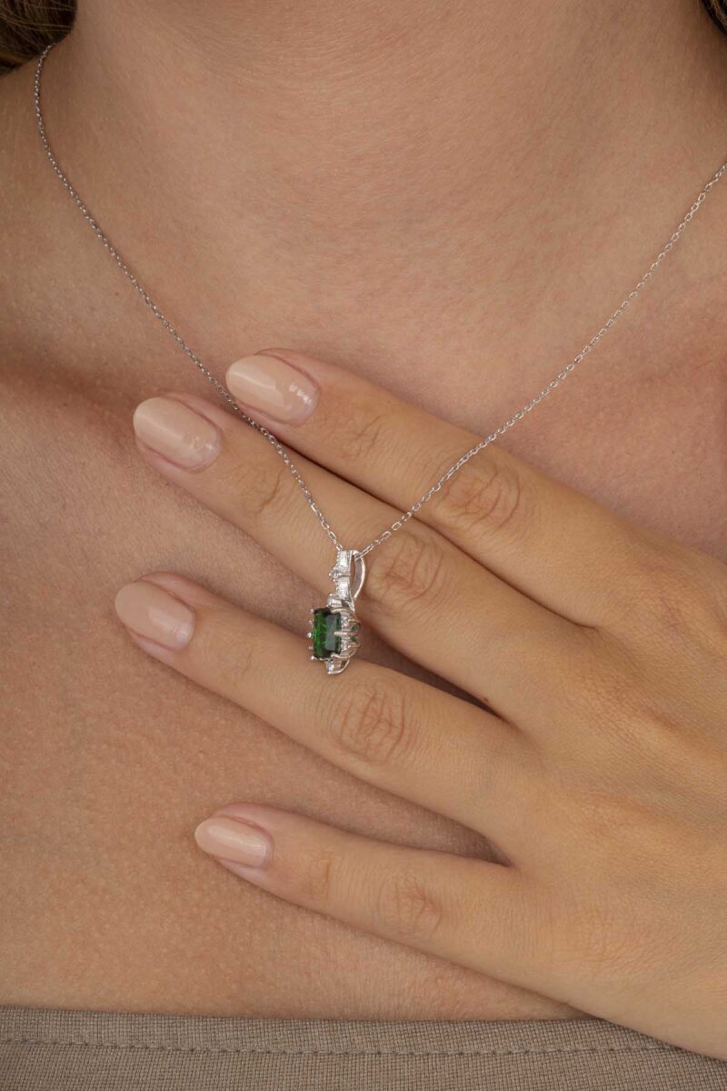 Pırlanta Montür Prenses Tektaş Gümüş Kolye Zümrüt - 3