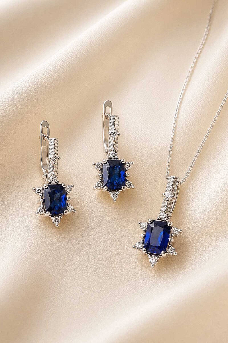 Pırlanta Montür Prenses Tektaş Gümüş Set Safir - 1