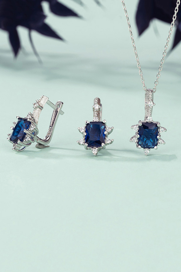 Pırlanta Montür Prenses Tektaş Gümüş Set Safir - 1
