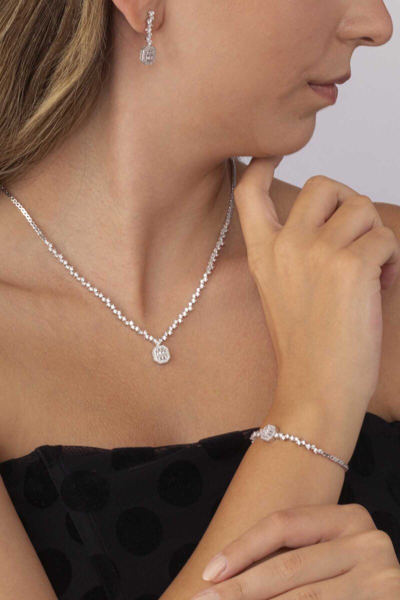 Pırlanta Montür Sıralı Tek Taş Rodyum Kaplama Baget Gümüş Düğün Seti - 2