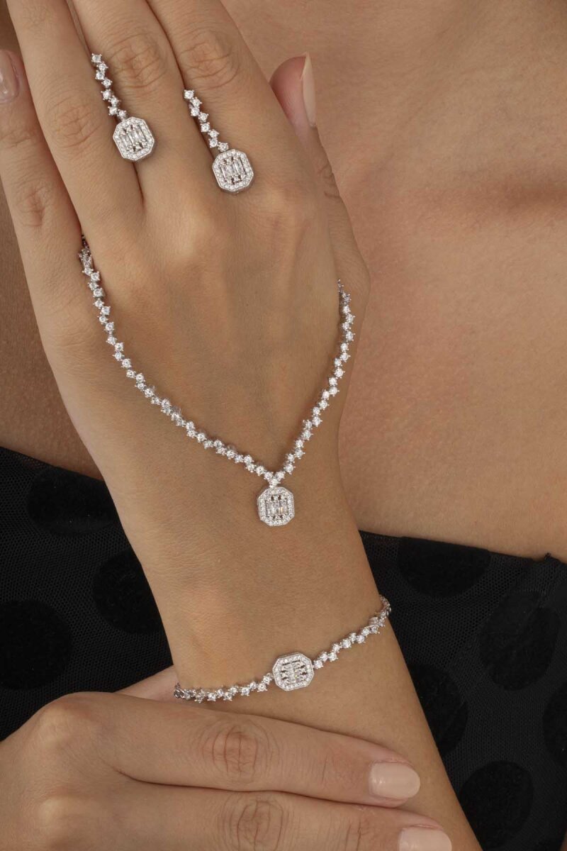 Pırlanta Montür Sıralı Tek Taş Rodyum Kaplama Baget Gümüş Düğün Seti - 1