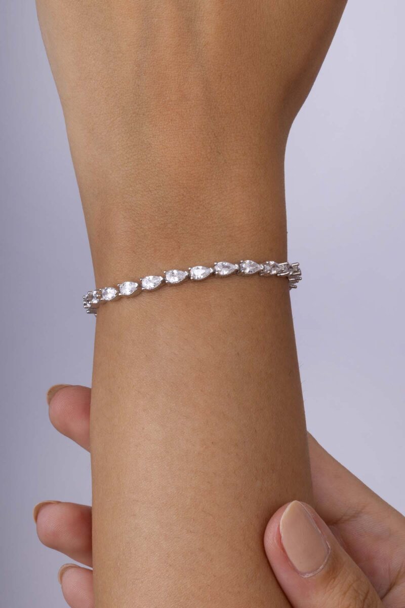 Pırlanta Montür Su Damlası Motifli Ful Taşlı 925 Ayar Gümüş Bileklik - 2