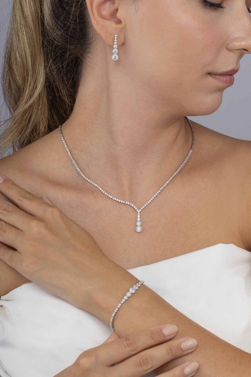 Pırlanta Montür Yuvarlak Kesim Su Yolu Gümüş Düğün Seti - 1