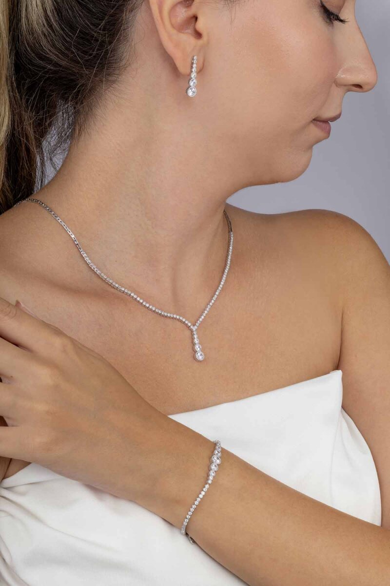 Pırlanta Montür Yuvarlak Kesim Su Yolu Gümüş Düğün Seti - 2