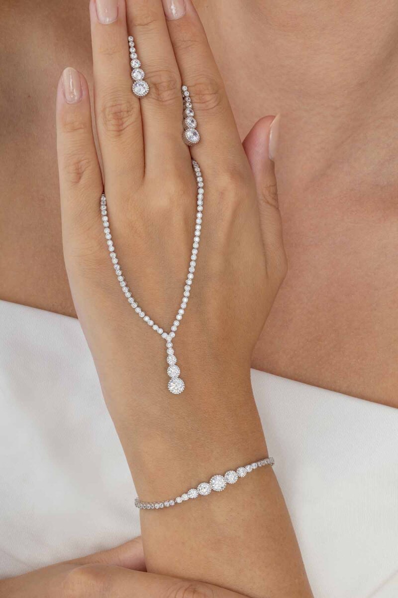 Pırlanta Montür Yuvarlak Kesim Su Yolu Gümüş Düğün Seti - 3