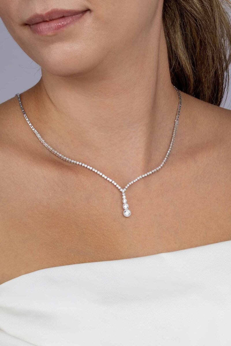 Pırlanta Montür Yuvarlak Kesim Su Yolu Gümüş Kolye - 2