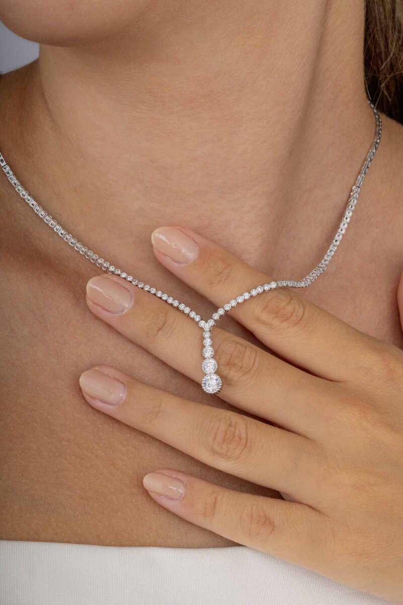 Pırlanta Montür Yuvarlak Kesim Su Yolu Gümüş Kolye - 1