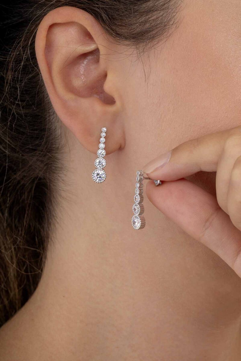 Pırlanta Montür Yuvarlak Kesim Su Yolu Gümüş Küpe - 3