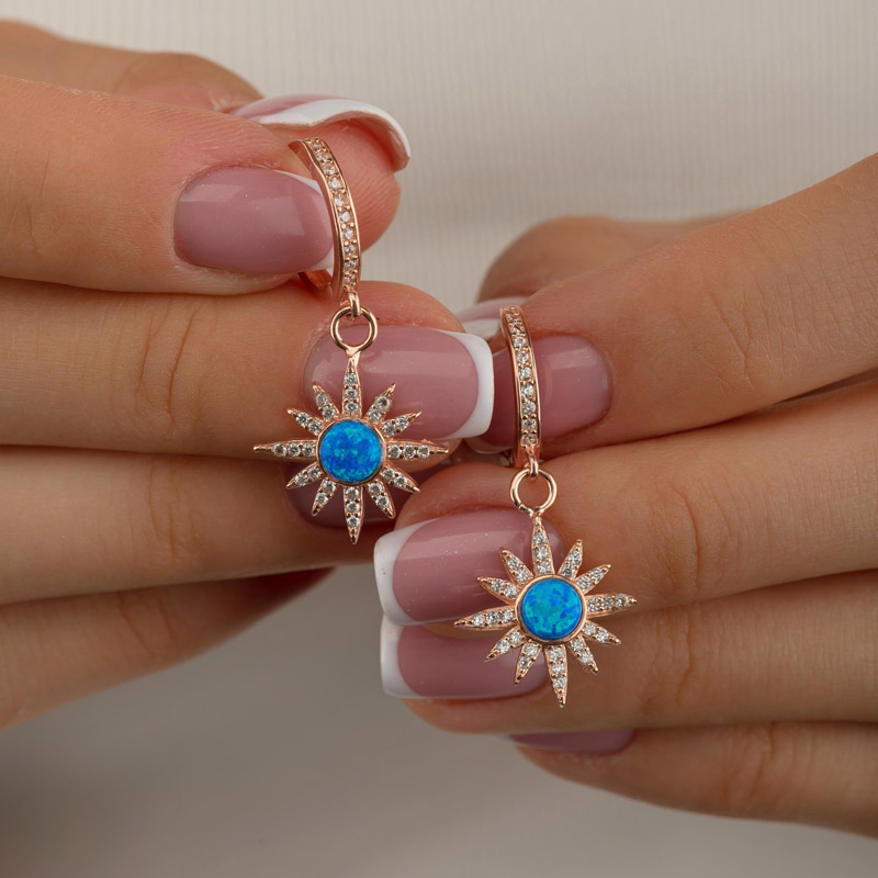 Gümüş Pazarım - Pole Star Silver Earrings with Blue Opal Stone