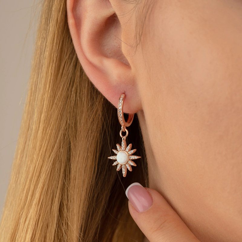 Pole Star Silver Earrings with White Opal Stone - Thumbnail