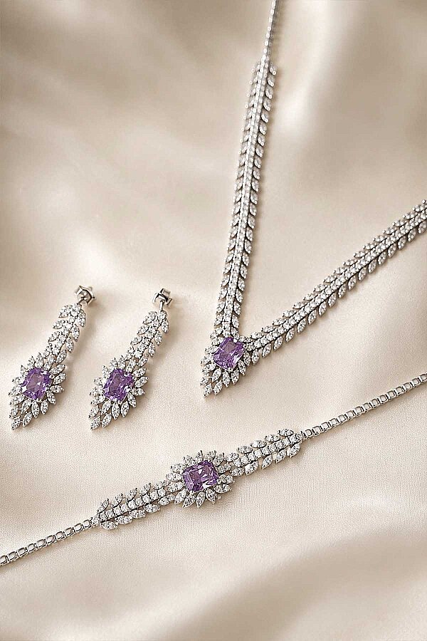 Prenses Serenadı Mor Taşlı Gerdanlık Gümüş Set 
