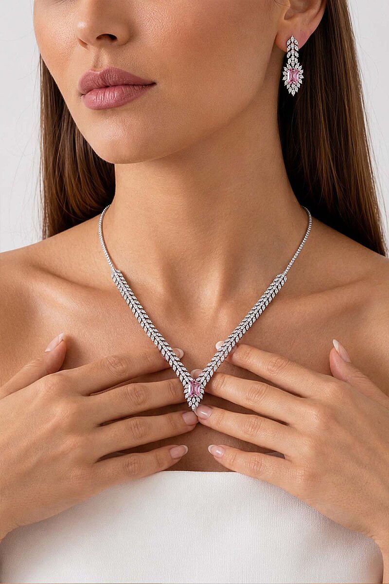 Prenses Serenadı Pembe Taşlı Gerdanlık Gümüş Set - 3