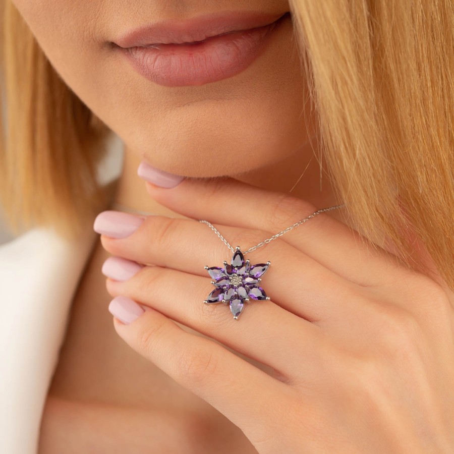 Purple Lotus Flower Women's Silver Necklace - Thumbnail