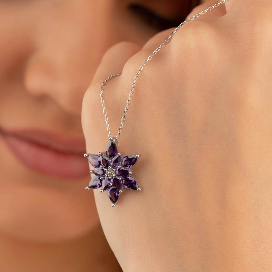 Gümüş Pazarım - Purple Lotus Flower Women's Silver Necklace (1)