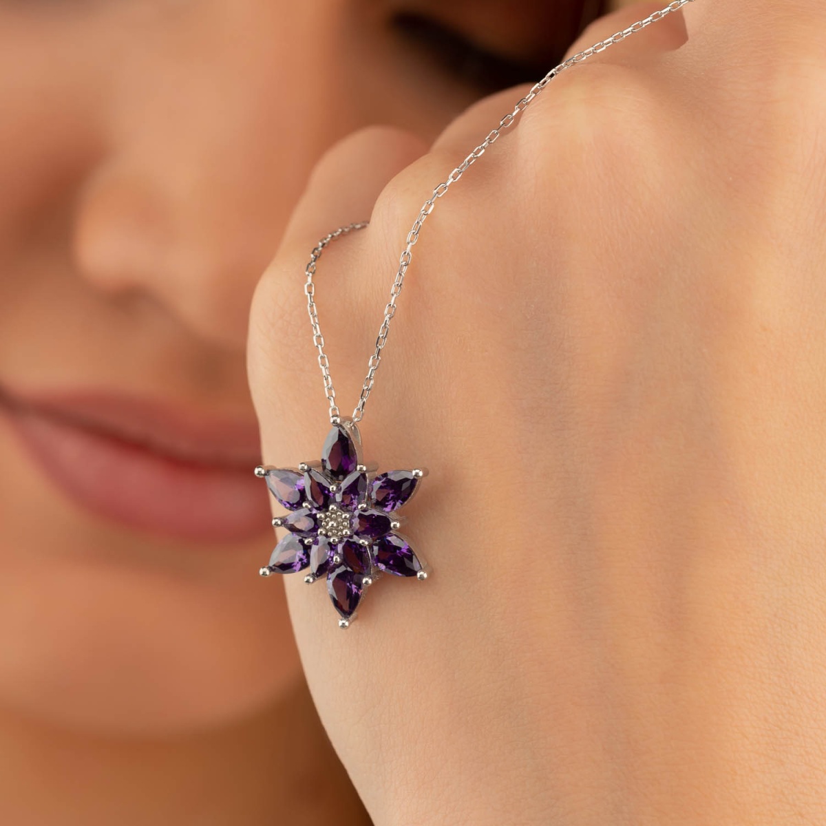 Purple Lotus Flower Women's Silver Necklace