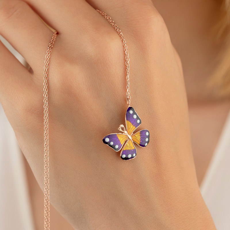 Gümüş Pazarım - Purple Spotted Butterfly Sterling Silver Necklace