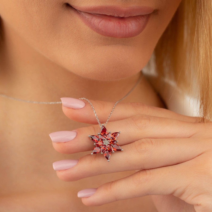 Gümüş Pazarım - Red Lotus Flower Women's Sterling Silver Necklace
