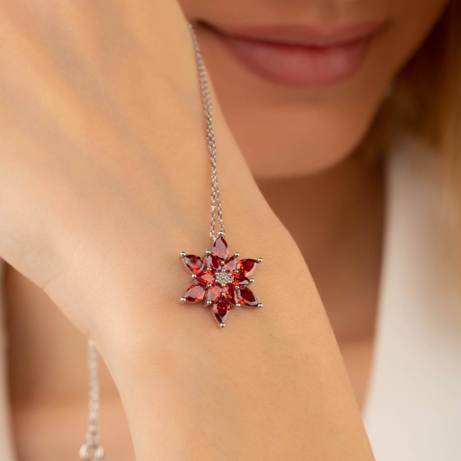 Gümüş Pazarım - Red Lotus Flower Women's Sterling Silver Necklace (1)