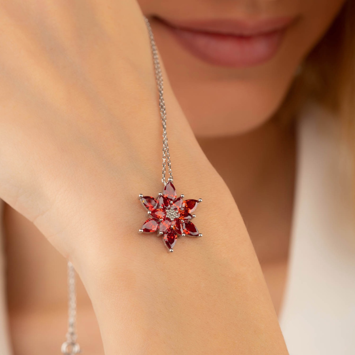 Red Lotus Flower Women's Sterling Silver Necklace