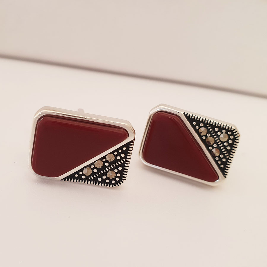 Red Marcasite Silver Cufflink - Thumbnail