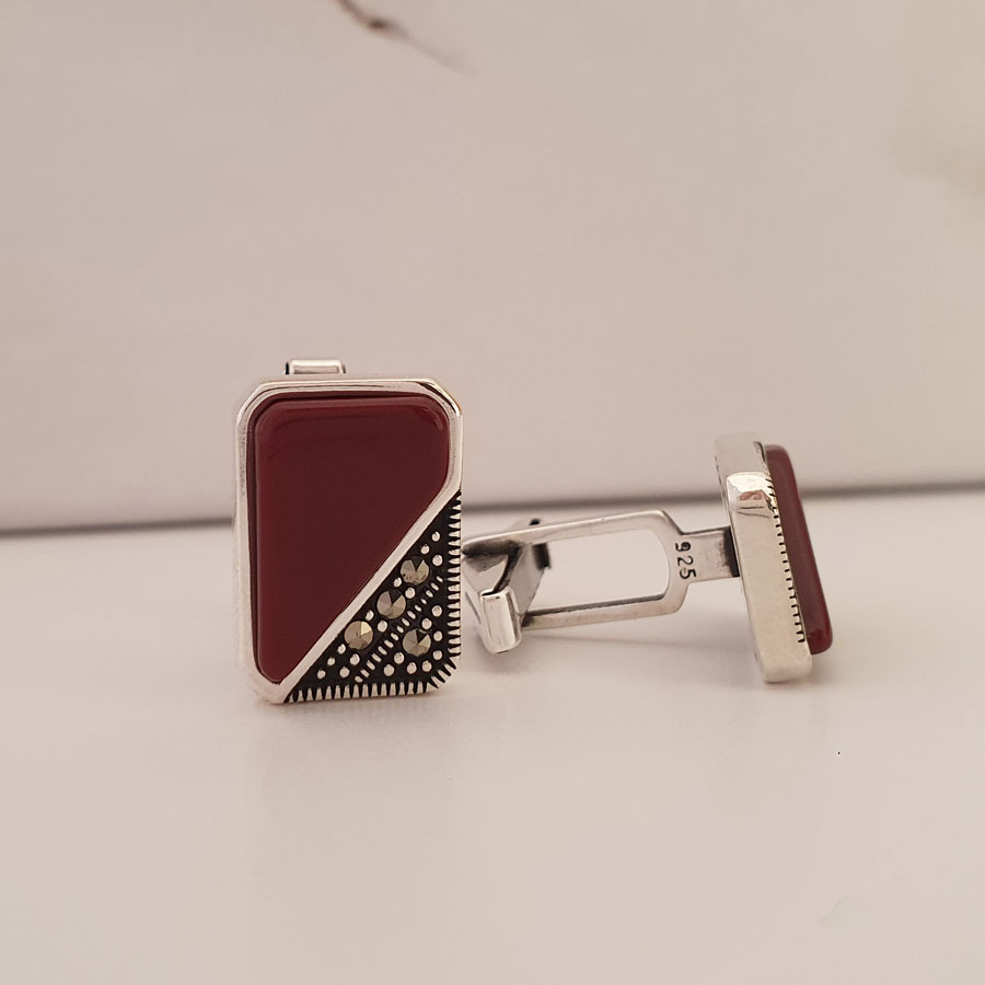 Red Marcasite Silver Cufflink - Thumbnail