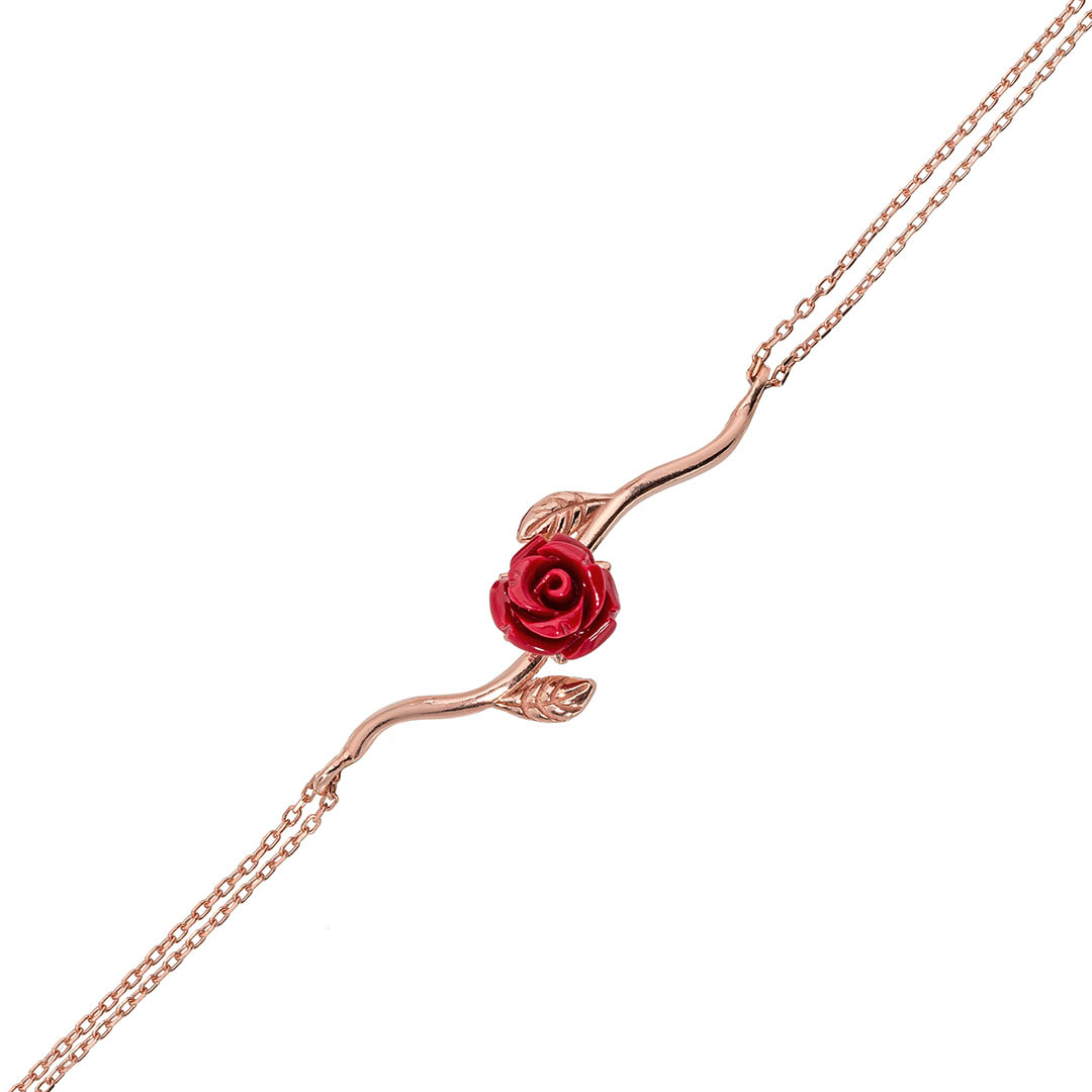 Gümüş Pazarım - Red Rose Motif Silver Bracelet