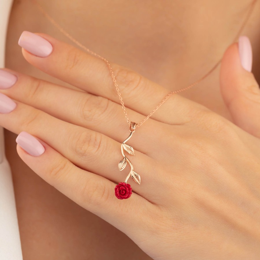 Gümüş Pazarım - Red Rose Motif Silver Necklace