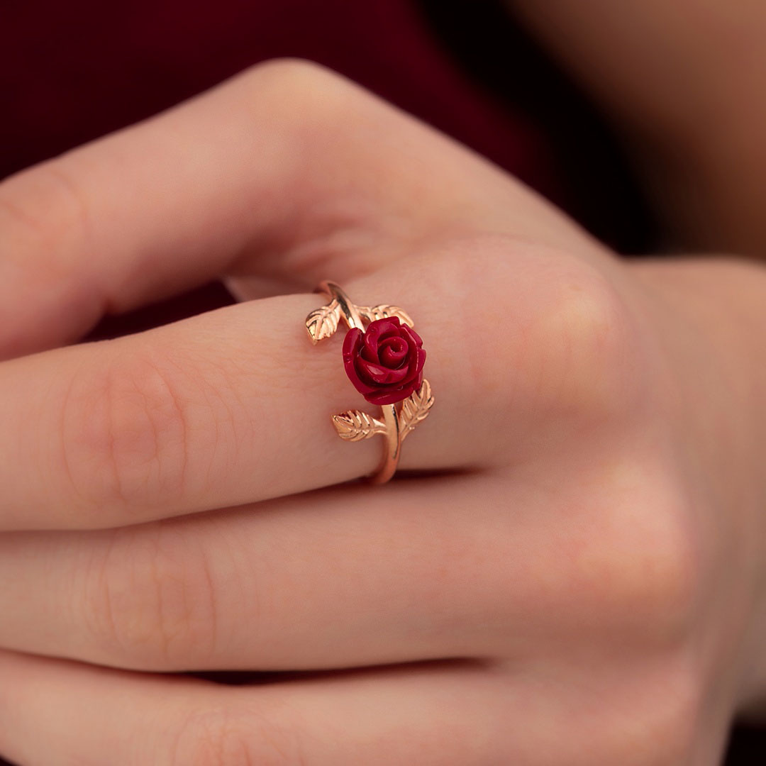 Red Rose Silver Ring