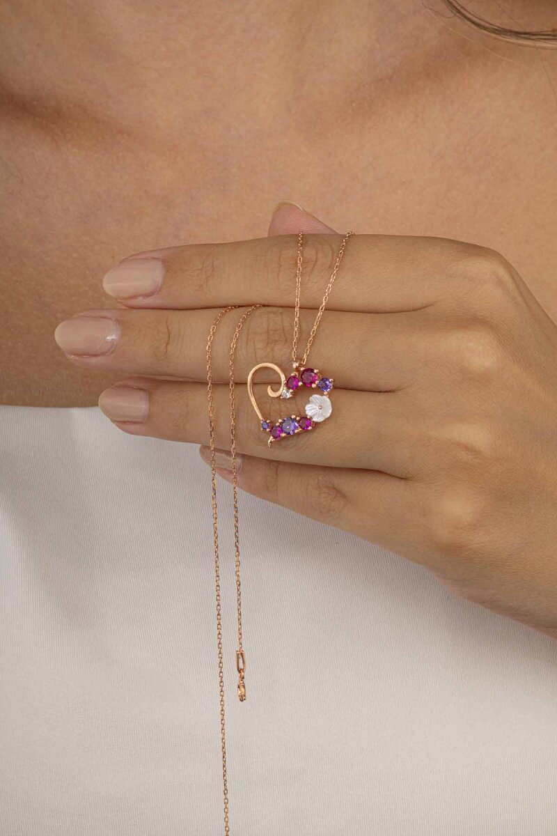 Renkli Taşlı Manolya Kalp Gümüş Kolye - 2