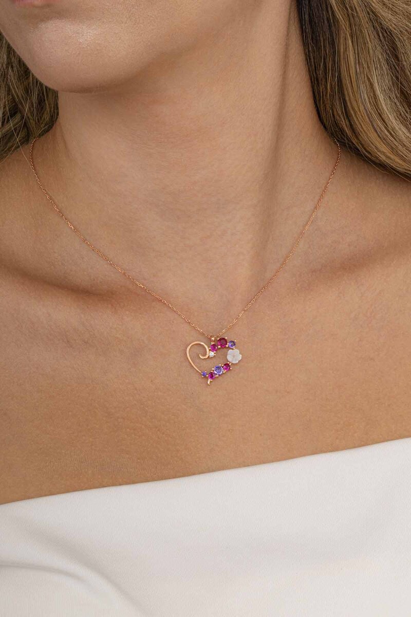 Renkli Taşlı Manolya Kalp Gümüş Kolye - 1