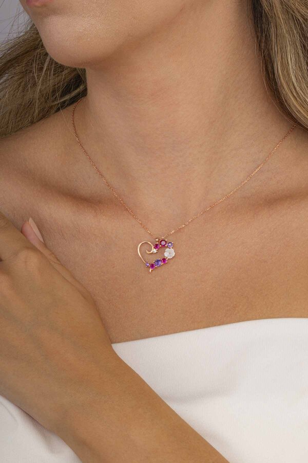 Renkli Taşlı Manolya Kalp Gümüş Kolye - Gümüş Pazarım