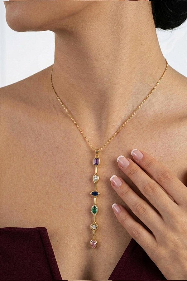 Renkli Taşlı Süzme Altın Kaplama Kadın Gümüş Kolye - 2