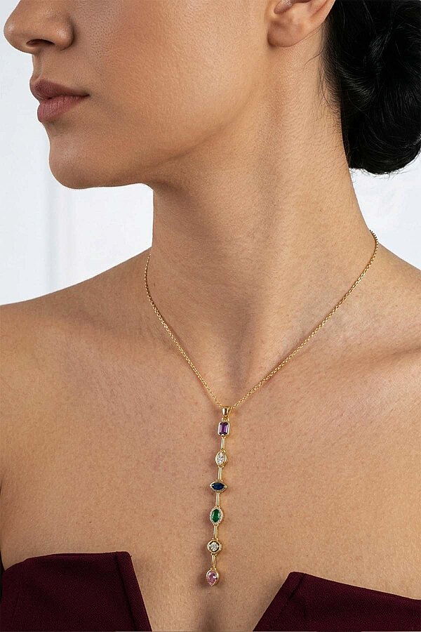 Renkli Taşlı Süzme Altın Kaplama Kadın Gümüş Kolye - 3